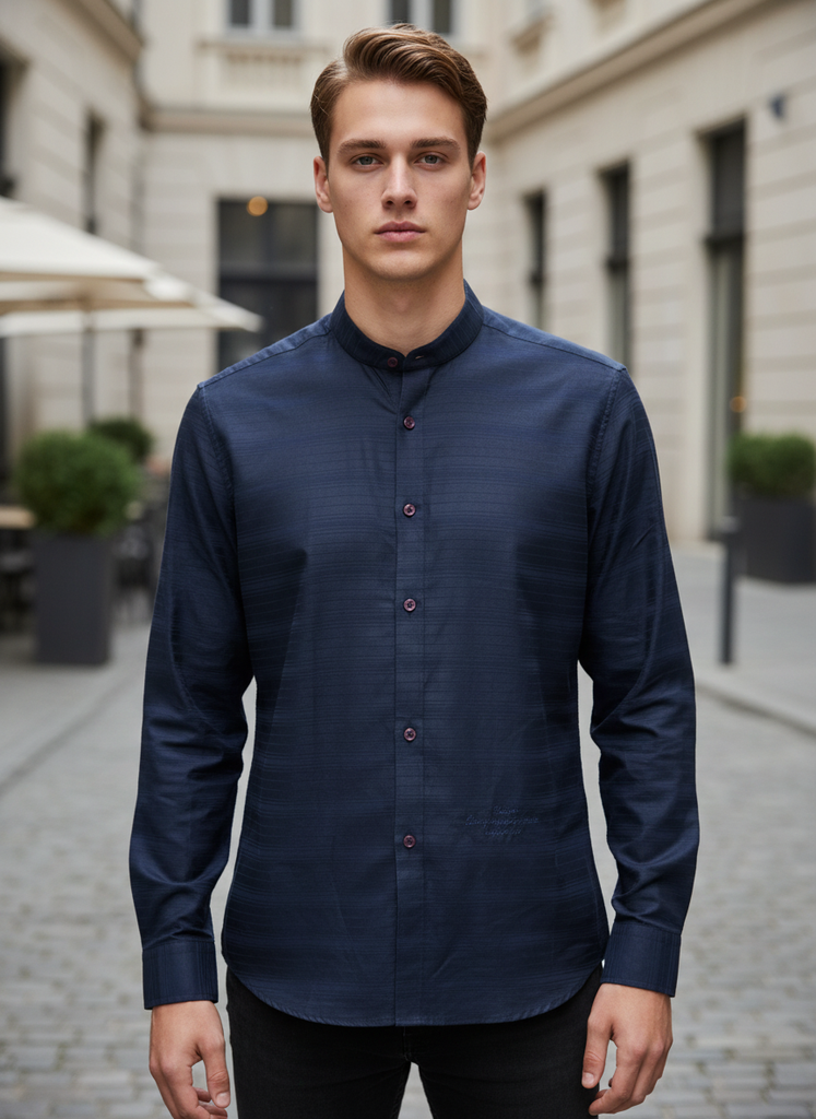 Mandarin Collar Blue Shirt